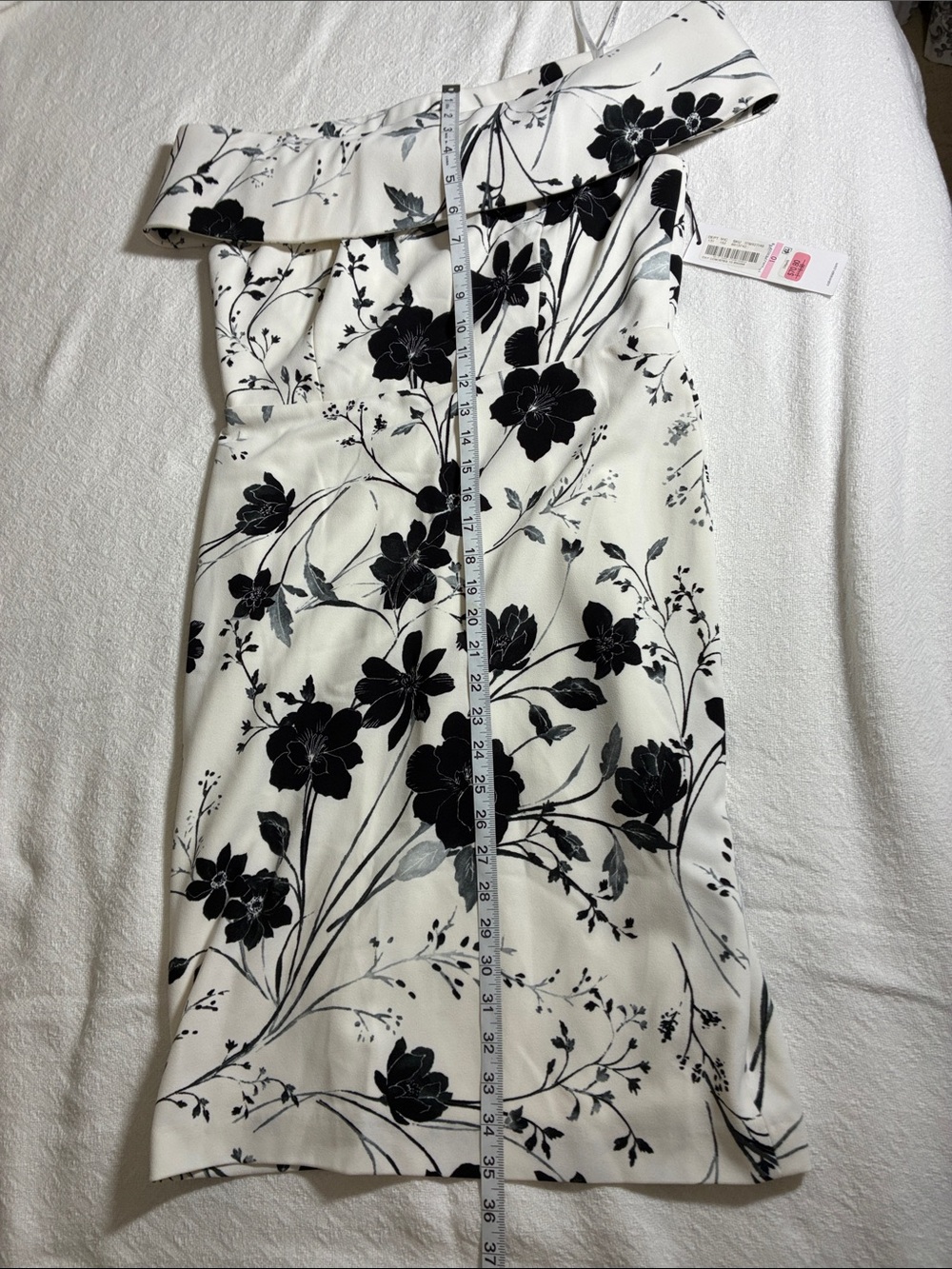 Calvin Klein Off-Shoulder White Dress with Black Floral Print - Picture 7 of 8